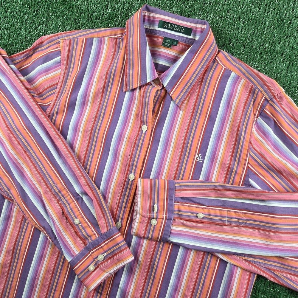 Lauren Ralph Lauren Womens Purple Orange Striped Cotton Button Down Shirt Size M